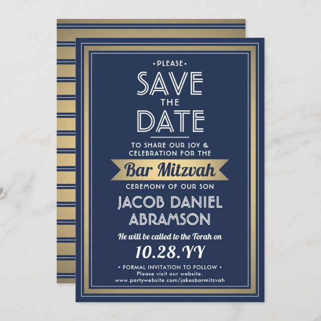 Pub Mitzvah Modern Navy Blue White Faux Guld Spara Datumet (Fram/baksida)