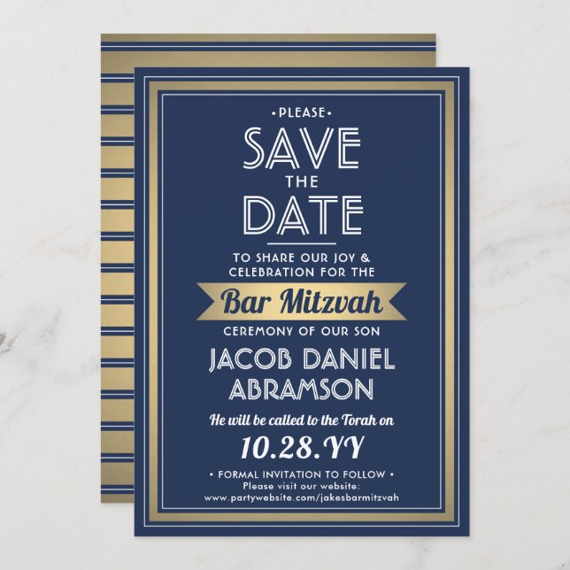 Pub Mitzvah Modern Navy Blue White Faux Guld Spara Datumet (Fram/baksida)