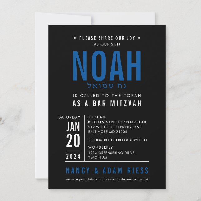 PUB MITZVAH, modern royal med fetstil, blå svart Inbjudningar (Framsida)