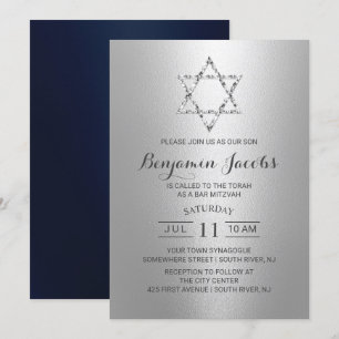 Pub Mitzvah Modern Silver och David Blå stjärna Inbjudningar