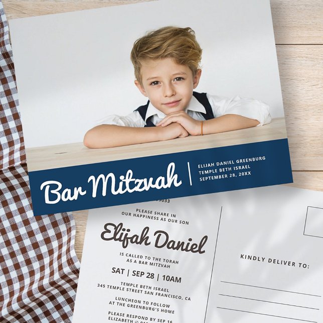 Pub Mitzvah Modern Simple Anpassningsbar Photo Inv Inbjudan Vykort (Skapare uppladdad)