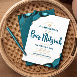 Pub Mitzvah Modern Simple Turquise Agate Script<br><div class="desc">Var stolt, gladd och visa den här milstolpen av Pub Mitzvah! Skicka ut den här coolan, en unik, modern inbjudan till personligen om en händelse att komma ihåg. Mörk, blått manustypografi och faux guld Star av David överlägger enkel, ren, vit bakgrund med turkosa blå agat accentuerad med faux guld vener....</div>