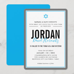 PUB MITZVAH, modern stjärnpojke aqua blue grått si Inbjudningar