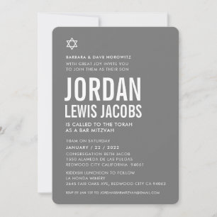 PUB MITZVAH, modern stjärnpojke grått vit enkel Inbjudningar