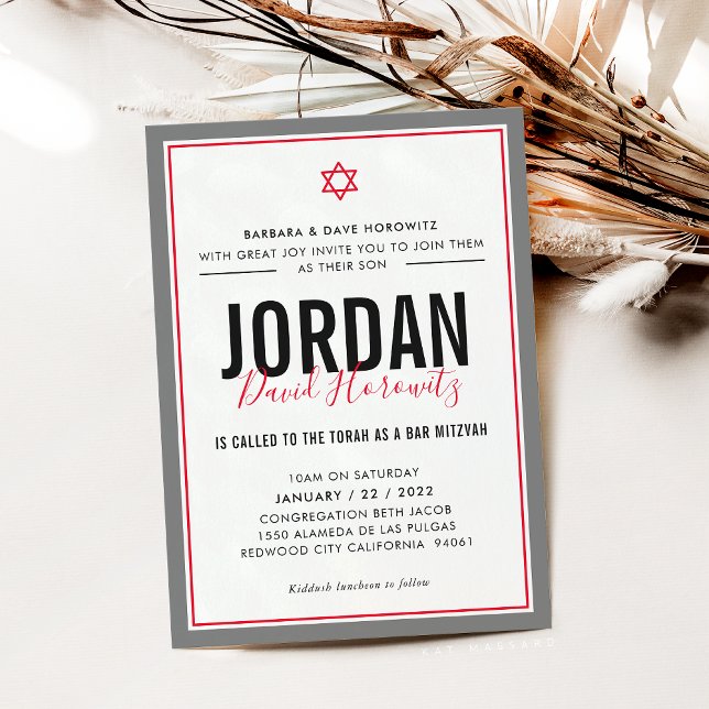 PUB MITZVAH, modern stjärnpojke röd grått enkel Inbjudningar (Skapare uppladdad)
