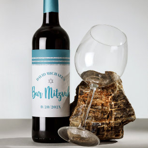 Pub Mitzvah Modern Teal Silver Tallit, djärvt skri Vinflaska Etikett