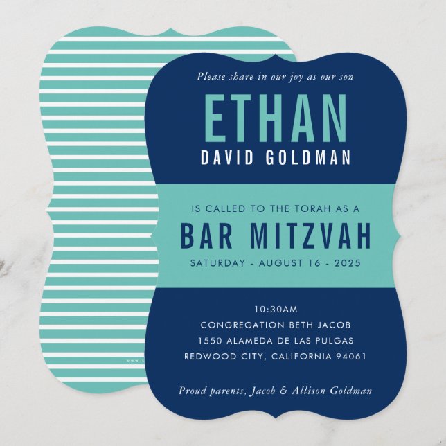 PUB MITZVAH, modernt, lägsta, typografiblått mint Inbjudningar (Fram/baksida)