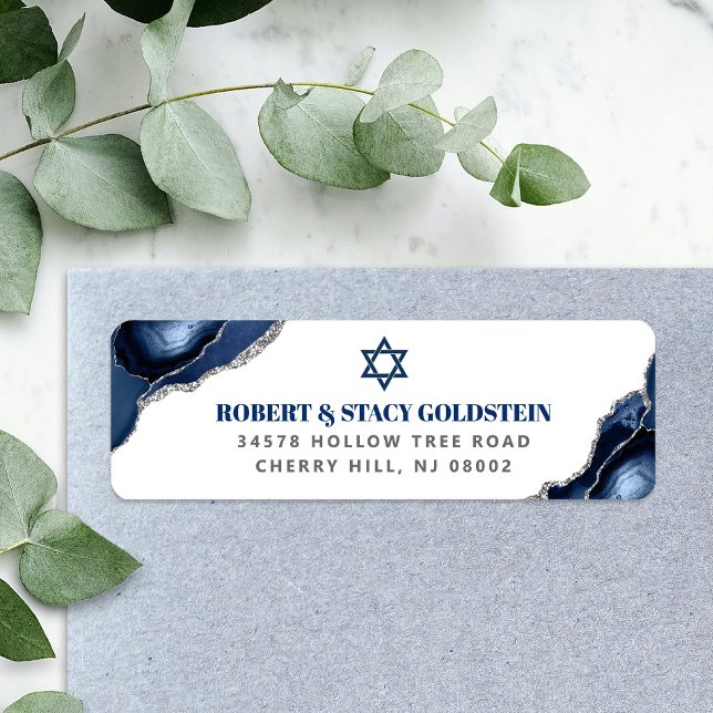 Pub Mitzvah Navy Blue Agate Silver Returadress Returadress Etikett (Skapare uppladdad)
