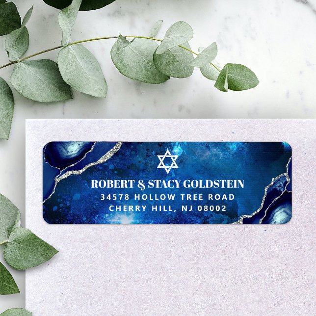 Pub Mitzvah Navy Watercolor Agate Returadress Returadress Etikett (Skapare uppladdad)