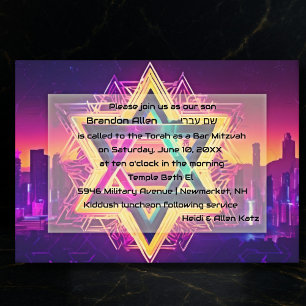 Pub Mitzvah Neon City Skyline Inbjudningar