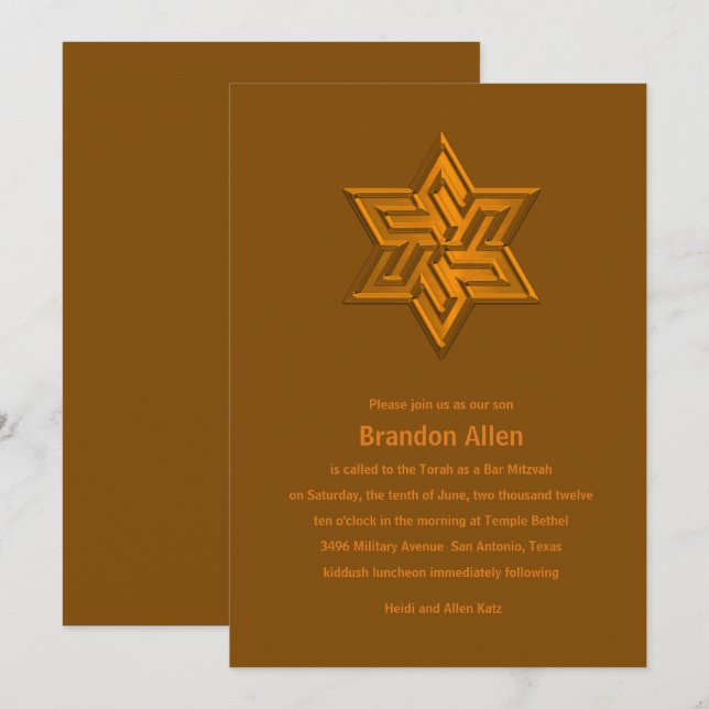 Pub Mitzvah Orange Tones Star of David Inbjudningar (Fram/baksida)