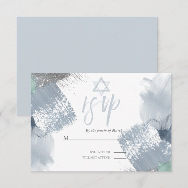 Pub Mitzvah OSA Dusty Blue Chic Brushstrokes Inbjudningar (Fram/baksida)