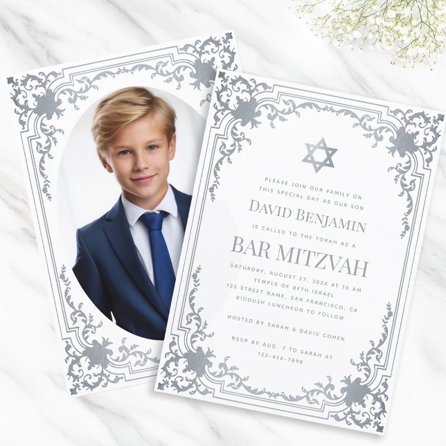 Pub Mitzvah Photo Faux Silver Star Elegant Ornate Inbjudningar (Skapare uppladdad)