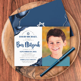 Pub Mitzvah Photo Modern Navy Blue Agate-skript Inbjudningar