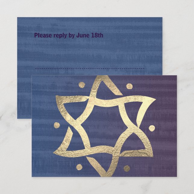 Pub Mitzvah Plum och Blue Wooden Guld Star OSA Kort (Fram/baksida)