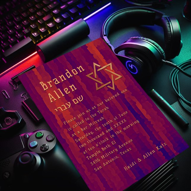 Pub Mitzvah Plum och Orange Techno Streaks Inbjudningar (Skapare uppladdad)