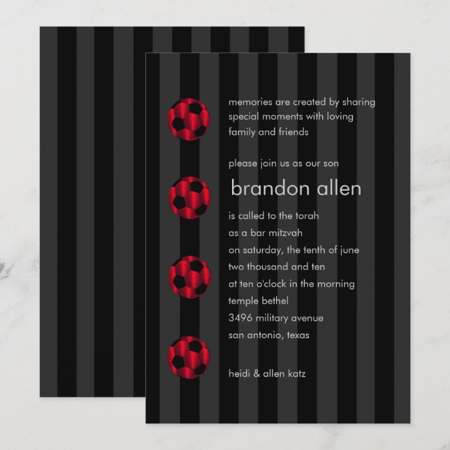 Pub Mitzvah Red and Black Soccer Ball Inbjudningar (Fram/baksida)