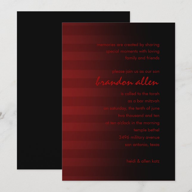 Pub Mitzvah Red and Black Vågrät Rand Inbjudningar (Fram/baksida)
