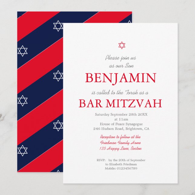 Pub Mitzvah Red Mönster Star of David Jewish Inbjudningar (Fram/baksida)