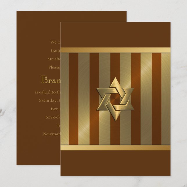 Pub Mitzvah Rust Guld Rand David-stjärnan av Mitzv Inbjudningar (Fram/baksida)