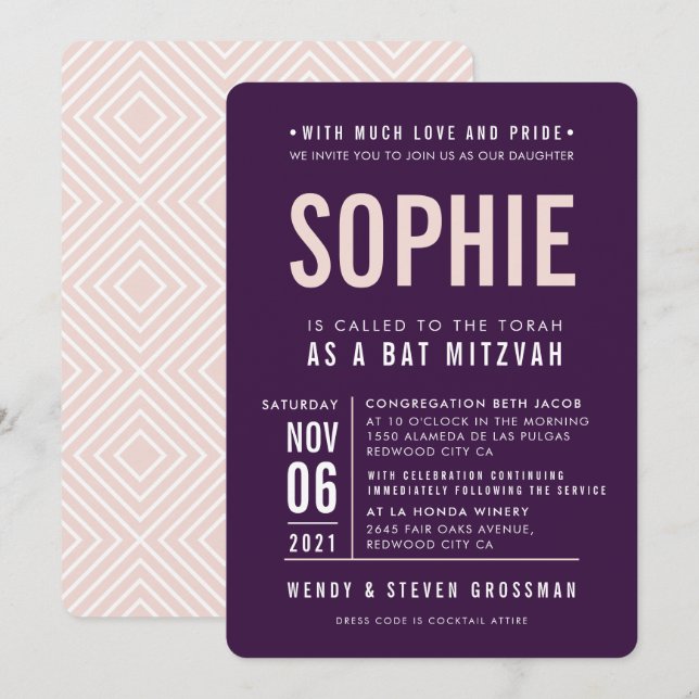 PUB MITZVAH:s moderna blocktyp äggplanta  rosa Inbjudningar (Fram/baksida)