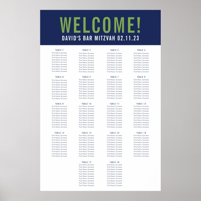 PUB MITZVAH SEATING CHART 18 bord marin grönt Poster (Framsidan)