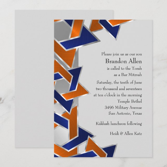 Pub Mitzvah Silver Blue Orange Star of David Inbjudningar (Fram/baksida)