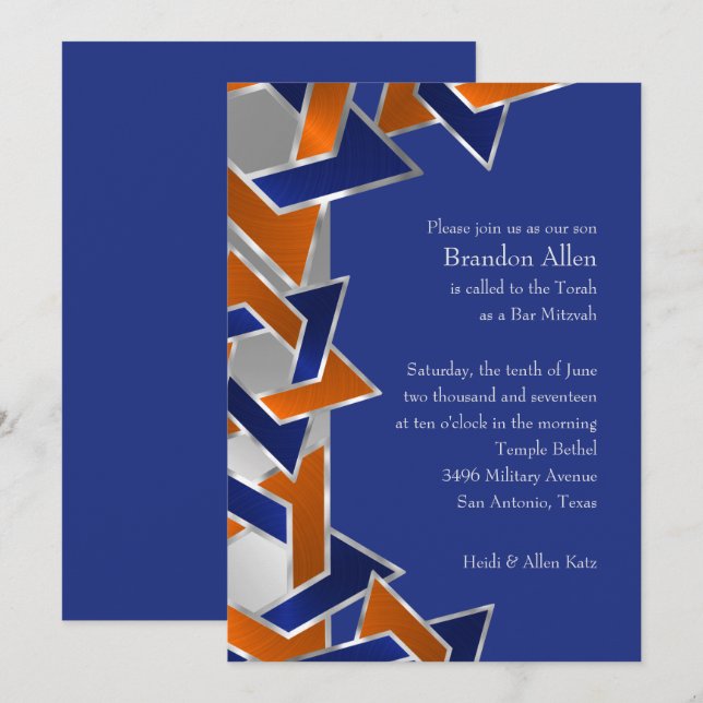 Pub Mitzvah Silver Blue Orange Star of David Inbjudningar (Fram/baksida)