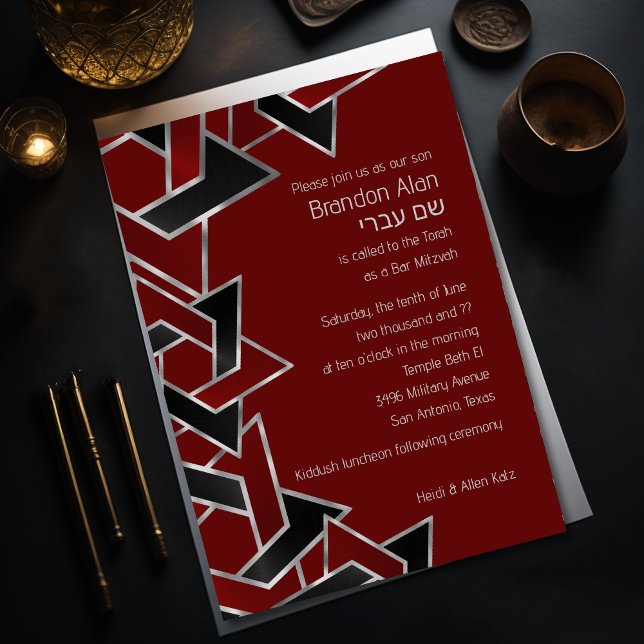 Pub Mitzvah Silver Red Black Star of David Inbjudningar (Skapare uppladdad)