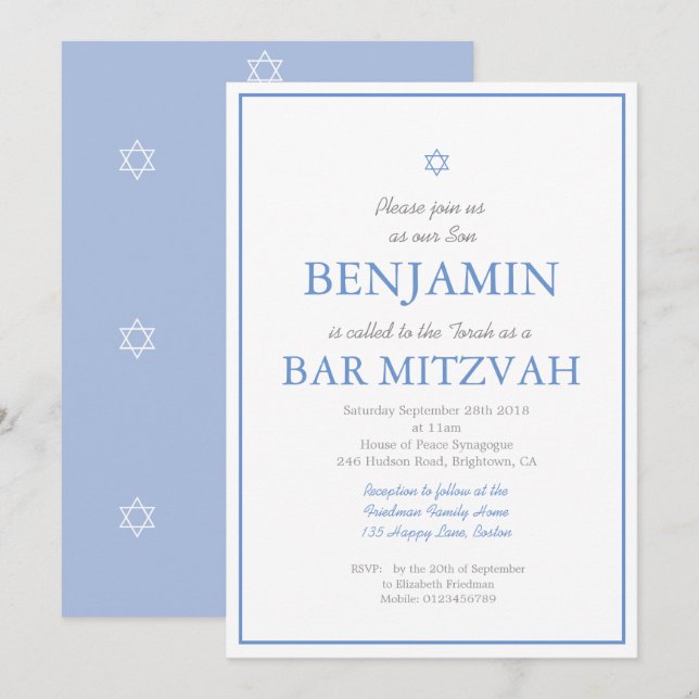 Pub Mitzvah Simple Elegant Star of David Jewish Inbjudningar (Fram/baksida)