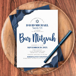 Pub Mitzvah Simple Modern Navy Blue Agate Script Inbjudningar