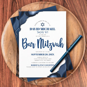 Pub Mitzvah Simple Modern Navy Blue Agate Script Inbjudningar