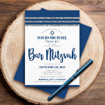 Pub Mitzvah Simple Modern Tallit Navy Blue Script Inbjudningar<br><div class="desc">Var stolt, gladd och visa den här milstolpen av Pub Mitzvah! Skicka ut den här coolan, en unik, modern inbjudan till personligen om en händelse att komma ihåg. Fetma, marinblå manustypografi, David stjärna och en marin blå och silver glitter-randig tallit inspirerade grafisk övertäckning av en enkel, vit bakgrund. Anpassa anpassningsbarna...</div>