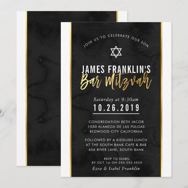 PUB MITZVAH-skript med fet svart vattenfärg guld Inbjudningar (Fram/baksida)