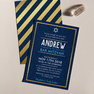 PUB MITZVAH smart fet stil guld denim blue aqua Inbjudningar