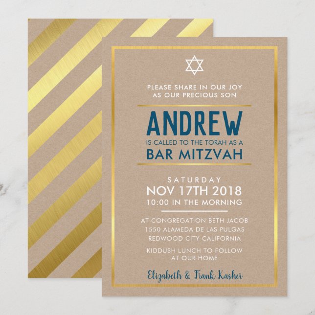 PUB MITZVAH smart fet stil guld kraftblått Inbjudningar (Fram/baksida)