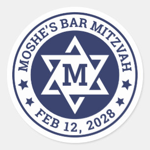 Pub mitzvah Star David blue a färg monogram Runt Klistermärke