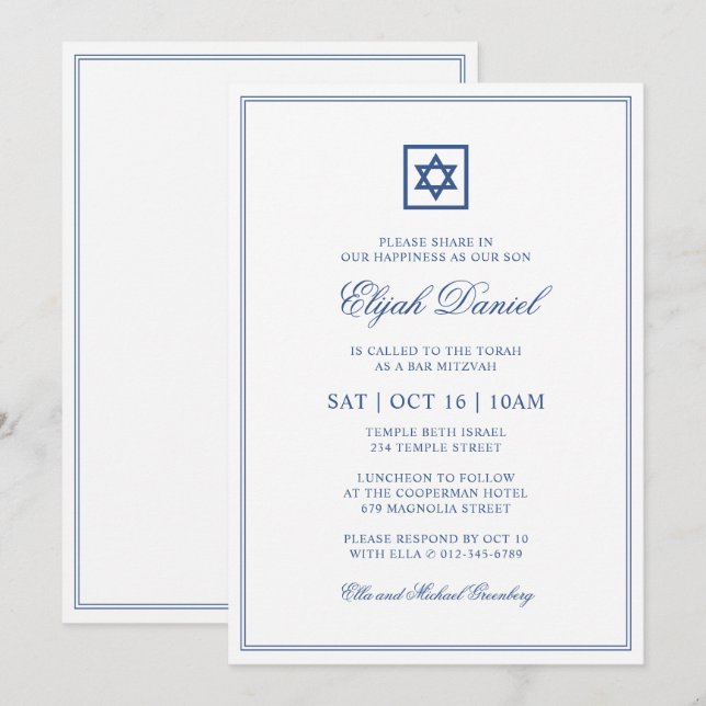 Pub Mitzvah Star of David Elegant Classic Blue Inbjudningar (Fram/baksida)