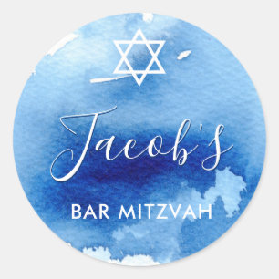 PUB MITZVAH stjärna smart blue water color inbjuda Runt Klistermärke