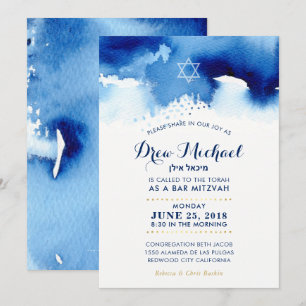 PUB MITZVAH stjärnor modern blå vattenfärg inbjuda Inbjudningar