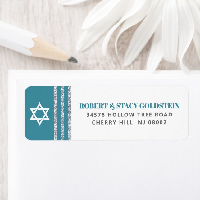 Pub Mitzvah Teal Silver Tallit Bold Returadress Etikett (Insitu)