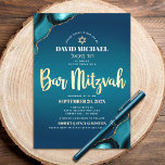 Pub Mitzvah Turcos Ombre Agate Guld skript fet Inbjudningar<br><div class="desc">Var stolt, gladd och visa den här milstolpen av Pub Mitzvah! Skicka ut den här coolan, unik, modern, personlig, Hebrew namn inbjudan om ett evenemang att minnas. Faux guld-folie, typografi, vit sans serif-typografi och faux guld-Star av David övertäckte en djup turkos teal blue ombre-bakgrund med turkos blue agate accated med...</div>