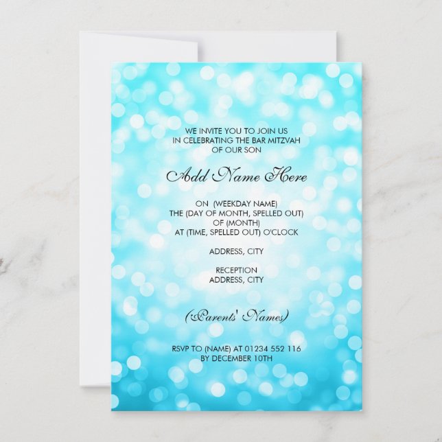 Pub Mitzvah Turquise Glitter Ljus Inbjudningar (Framsida)