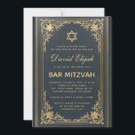 Pub Mitzvah Vintage Elegant Guld Star Mörk blått Inbjudningar<br><div class="desc">Pub mitzvah-inbjudan i elegant med en vintage luft har en vintage gyllene ram med elegant baroque guld dekorationer på en mörk blått läderliknande bakgrund. Pojken namn är skriven i ett elegant kalligrafiskt skript. All text kan vara personlig och ha ett gyllene färg som liknar dekorationerna guld i ram. Ovanför texten...</div>