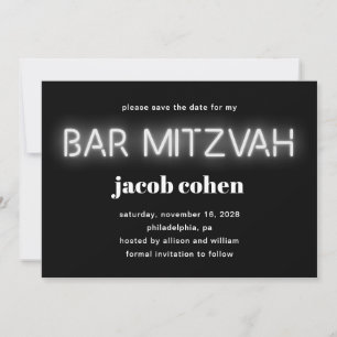Pub Mitzvah White Neon Ljus Spara datum Inbjudningar