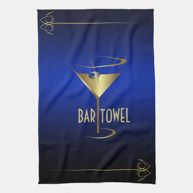 Pub Towel Blue och Guld Cocktail Glas Kökshandduk (Vertikal)