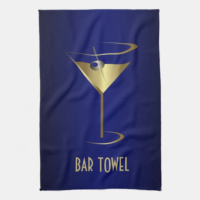 Pub Towel Blue och Guld Martini Glas Kökshandduk (Vertikal)
