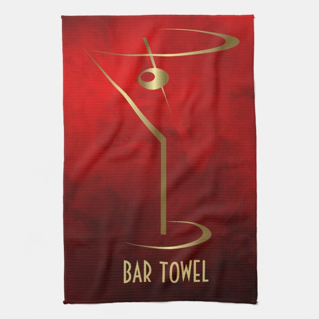 Pub Towel Grunge Red och Guld Martini Glass Kökshandduk (Vertikal)