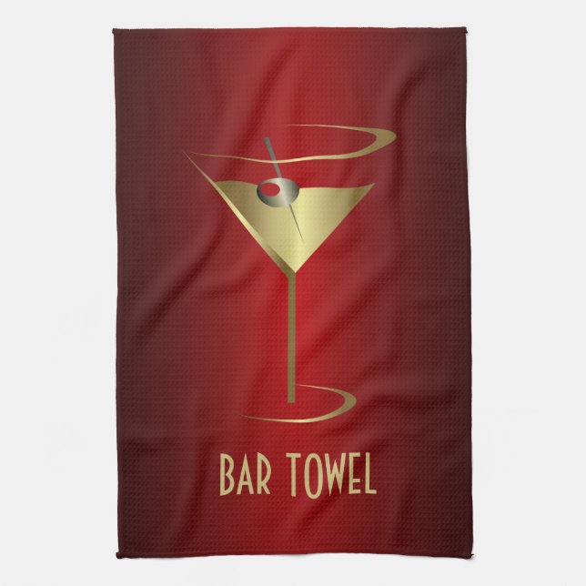 Pub Towel Red och Guld Martini Glass Kökshandduk (Vertikal)