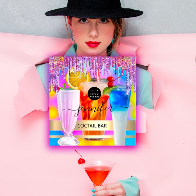 Pubb Drink Pub Restaurant Logotyp Holografisk händ Fyrkantigt Visitkort (Pub Drink Bar Restaurant Logo Holographic Event Square Business Card)